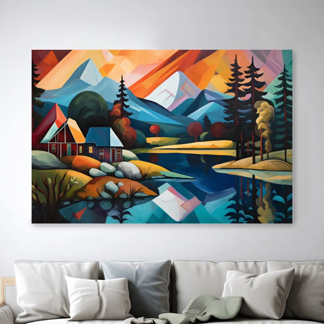 Vibrant Geometric Mountain Lake Cabin Oil Painting - Modern Abstract Wall Art