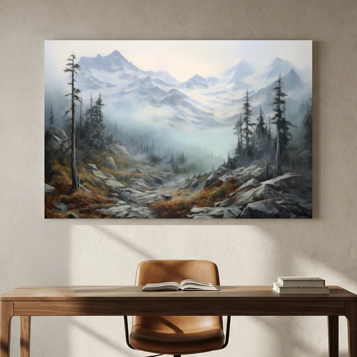 Misty Alpine Valley Painting - Moody Foggy Mountain Landscape Wall Art