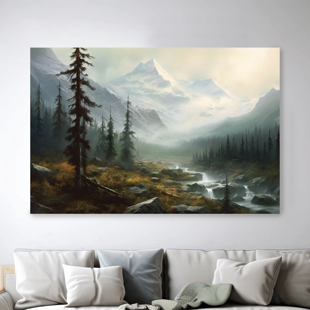 Painting of evening fog in the alpine