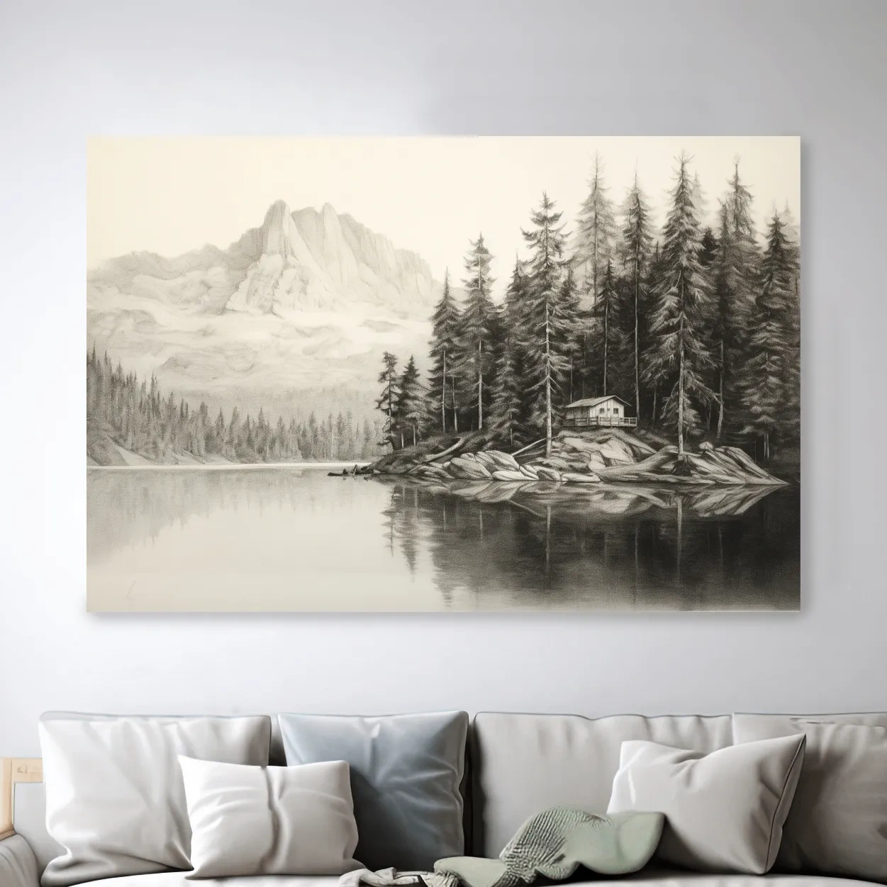 Lead pencil drawing of a cabin by the lake