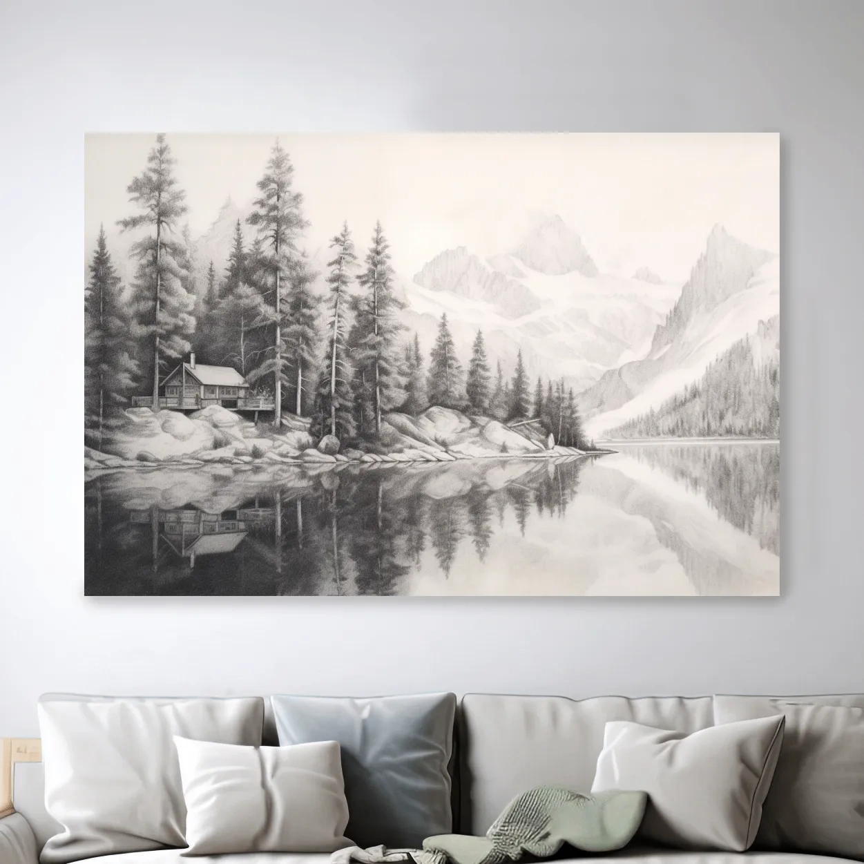 Lead pencil drawing of a cabin by a glacial lake