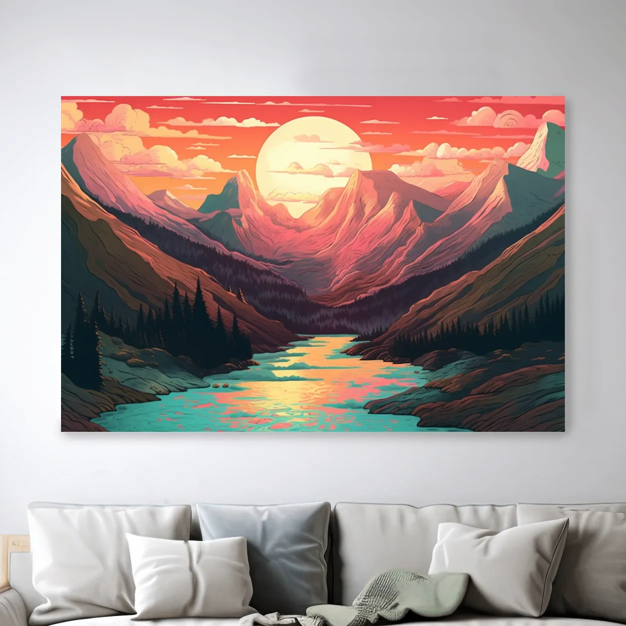 Illustration of a mountain landscape at sunset