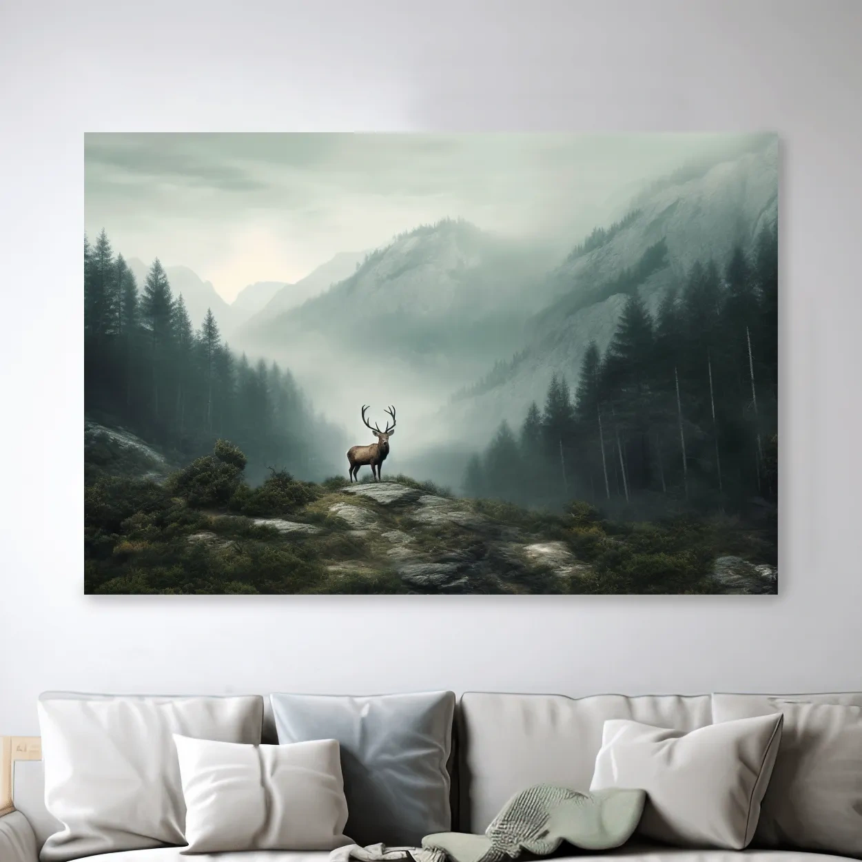 Painting style artwork of a majestic deer standing in the fog