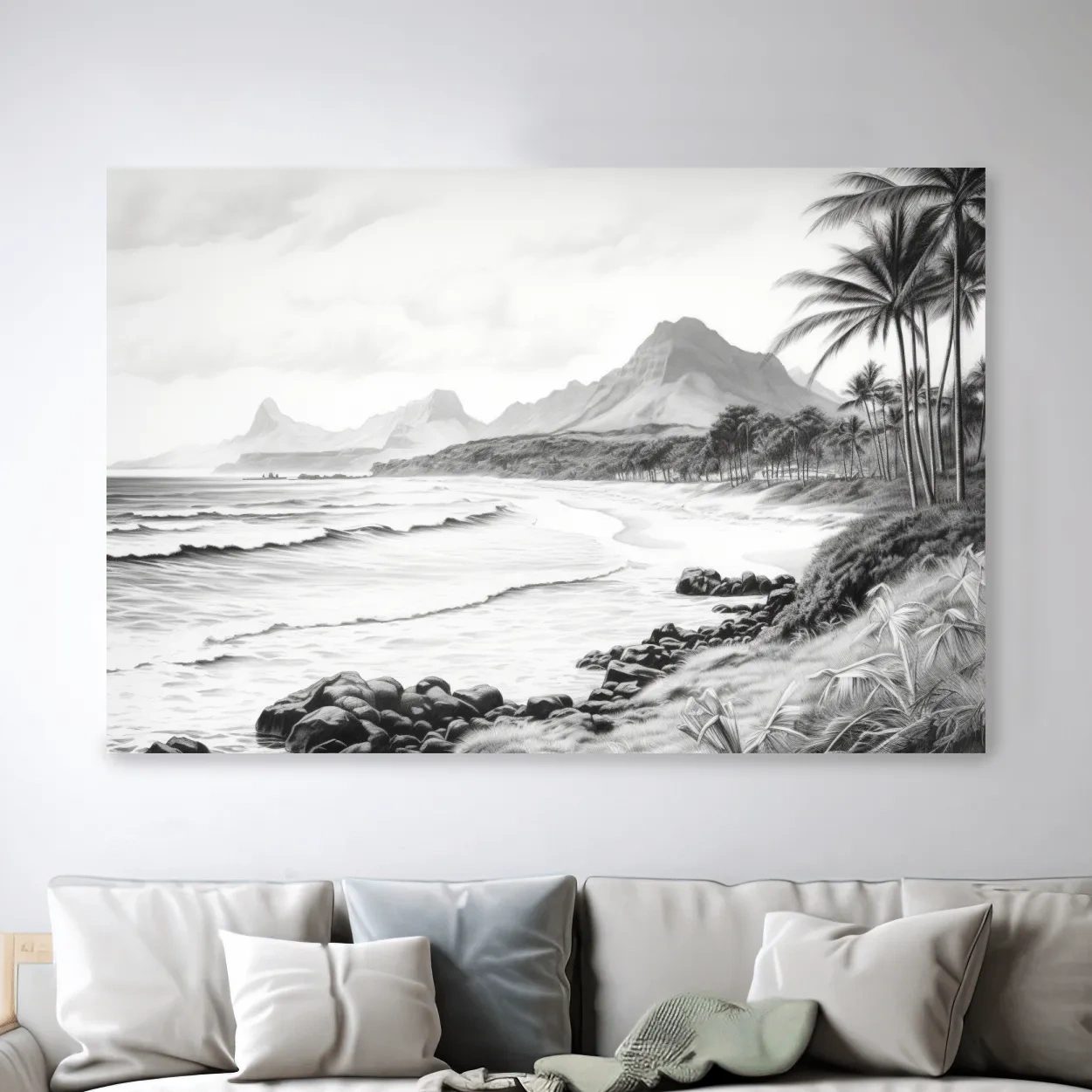 Black and white drawing of a tropical beach mountain scene