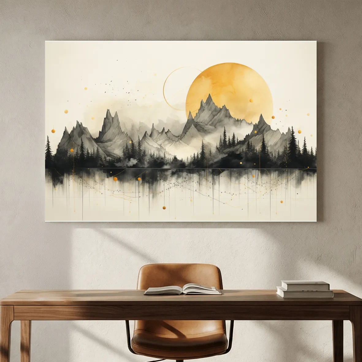 Golden Sun Abstract Mountain Range - Minimalist Watercolor Landscape Wall Art