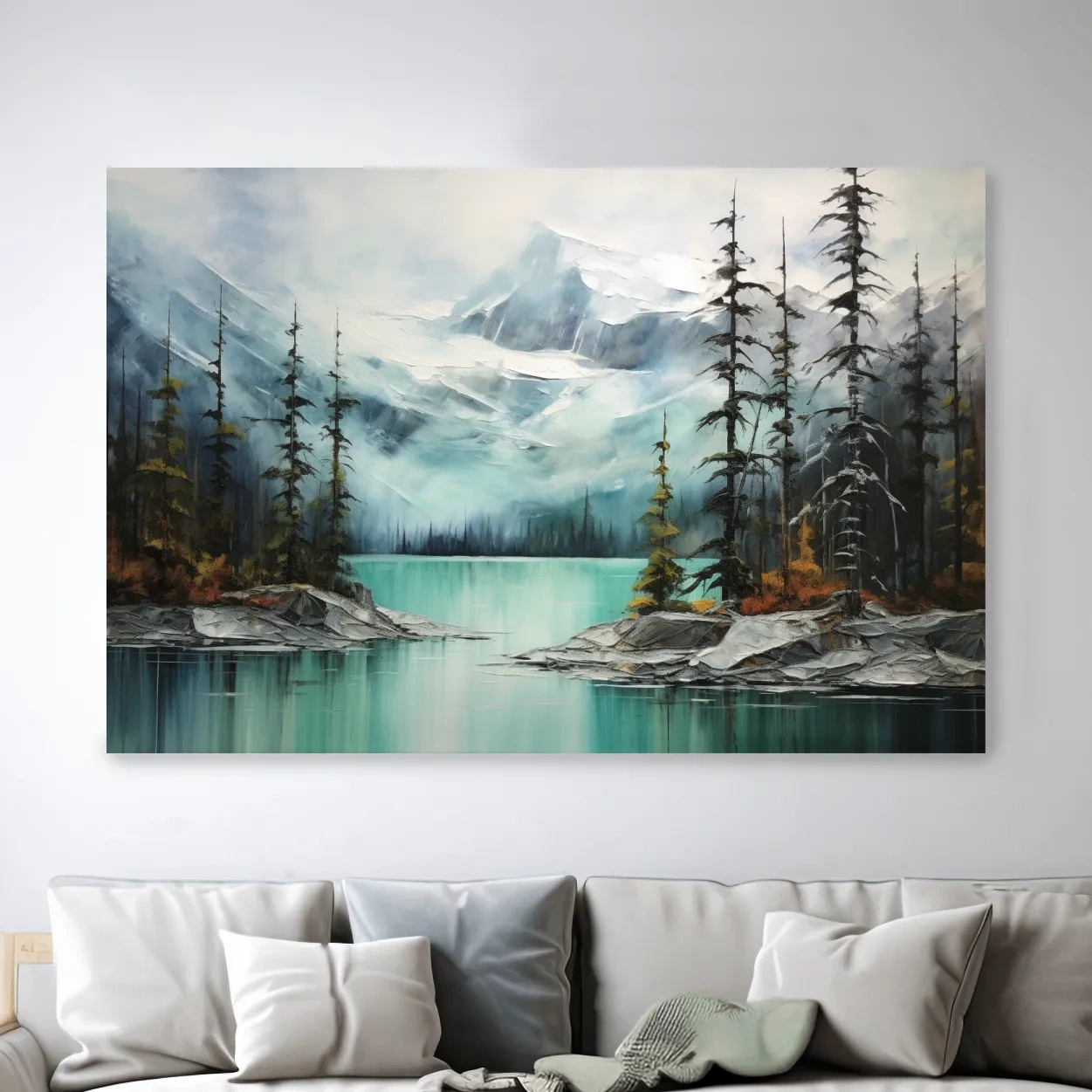 Painting of a turquoise lake in the alpine
