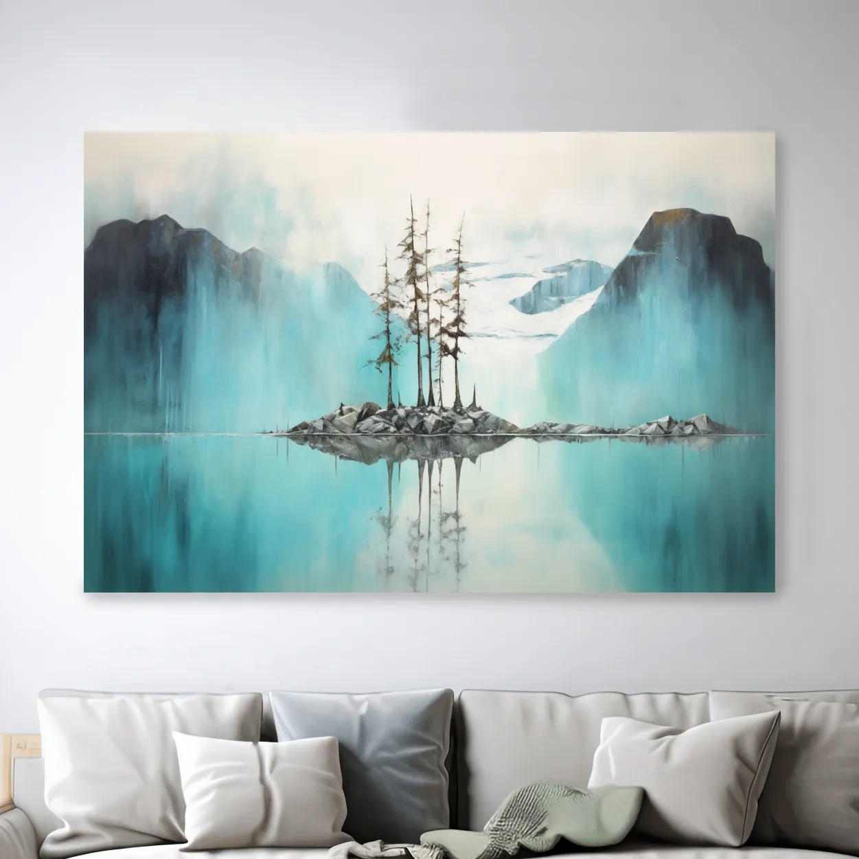 Trees on a turquoise lake, mountain painting