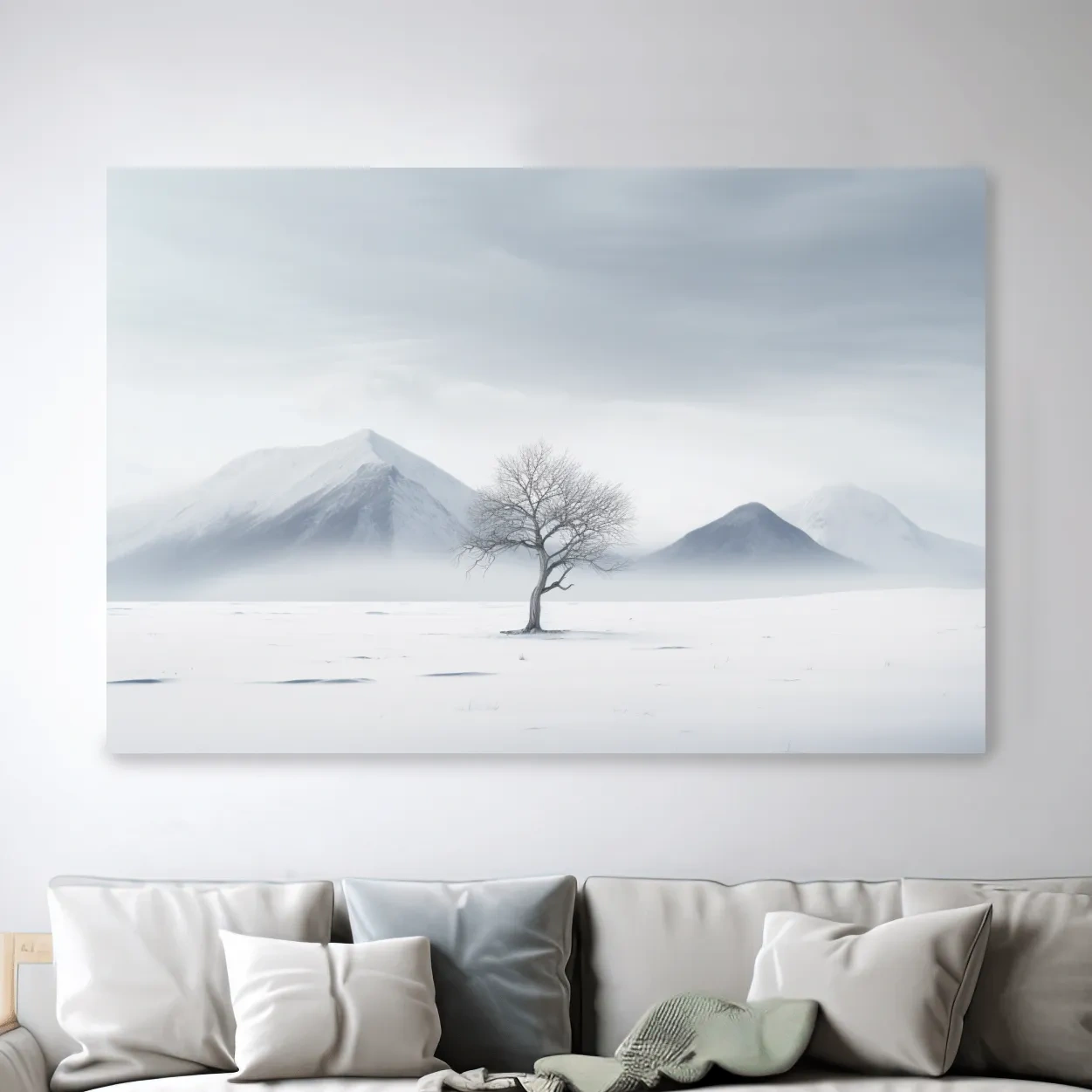 Minimal art, painting of a tree in the snow