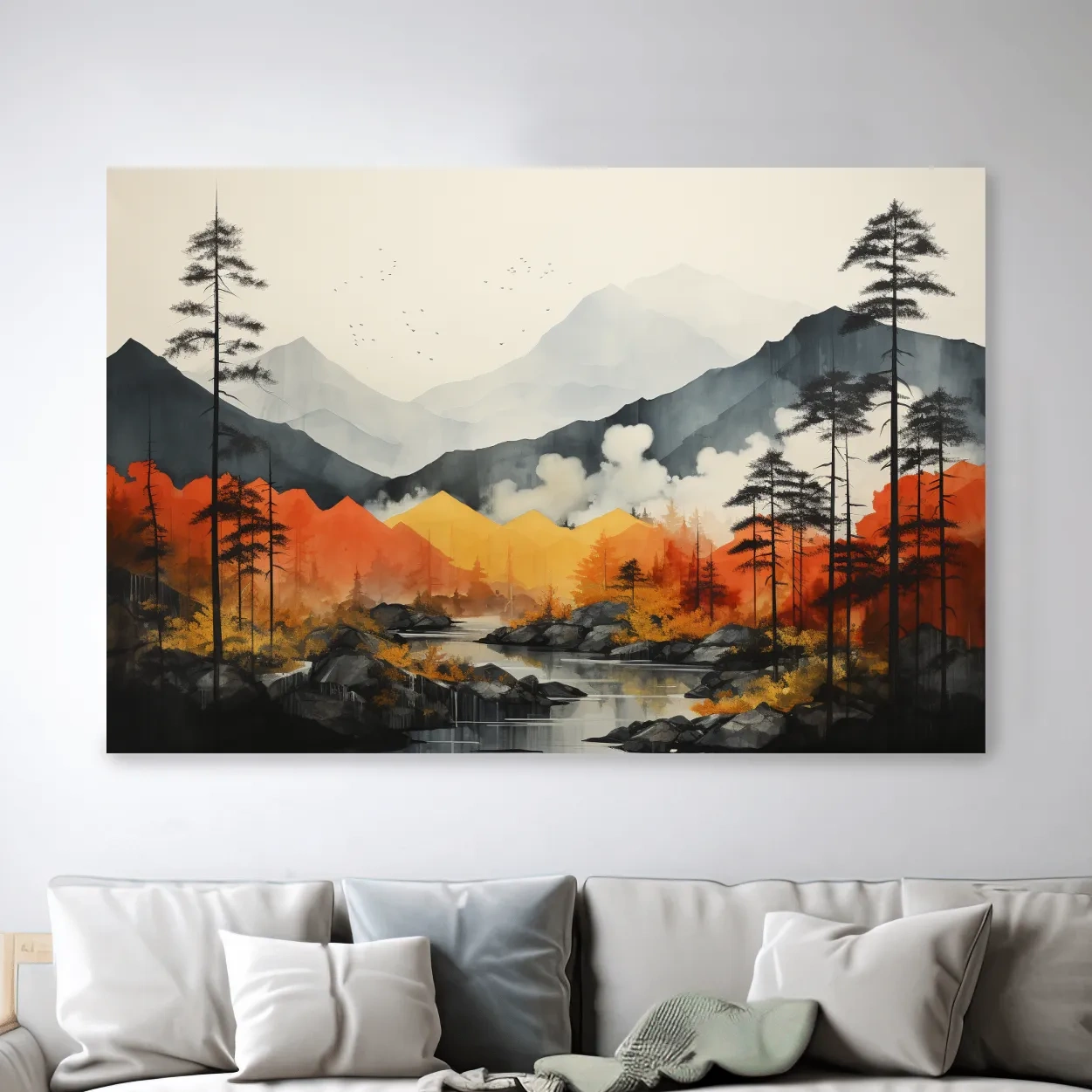 Surreal Mountain Lake Landscape - Autumn Forest Watercolor Wall Art