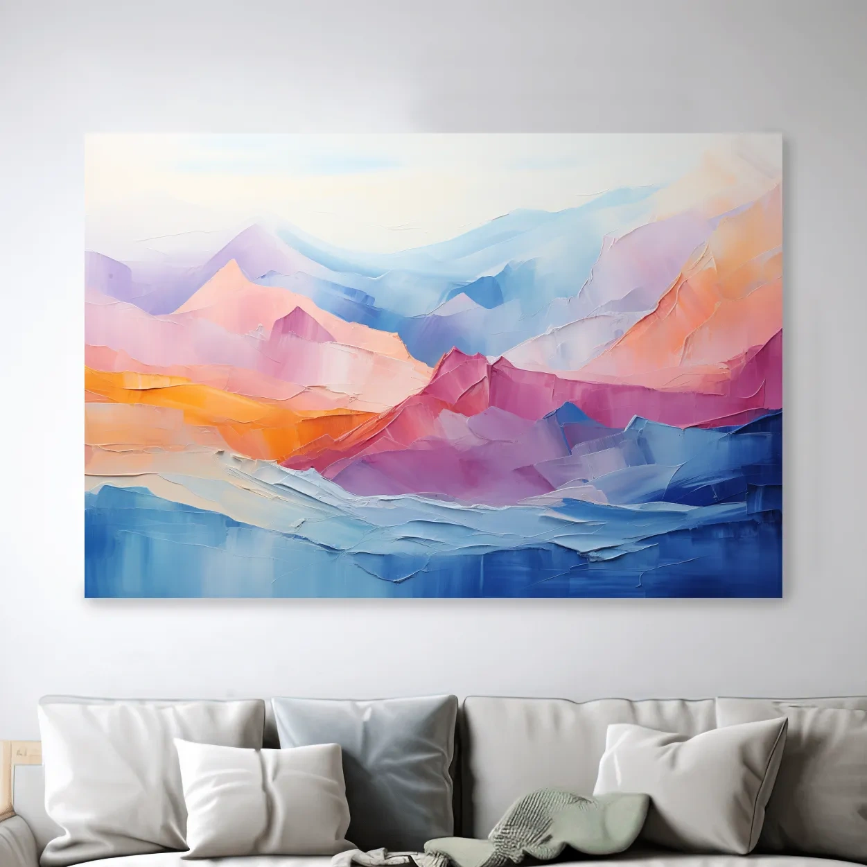 Abstract colourful oil painting representing mountains, canvas wall art