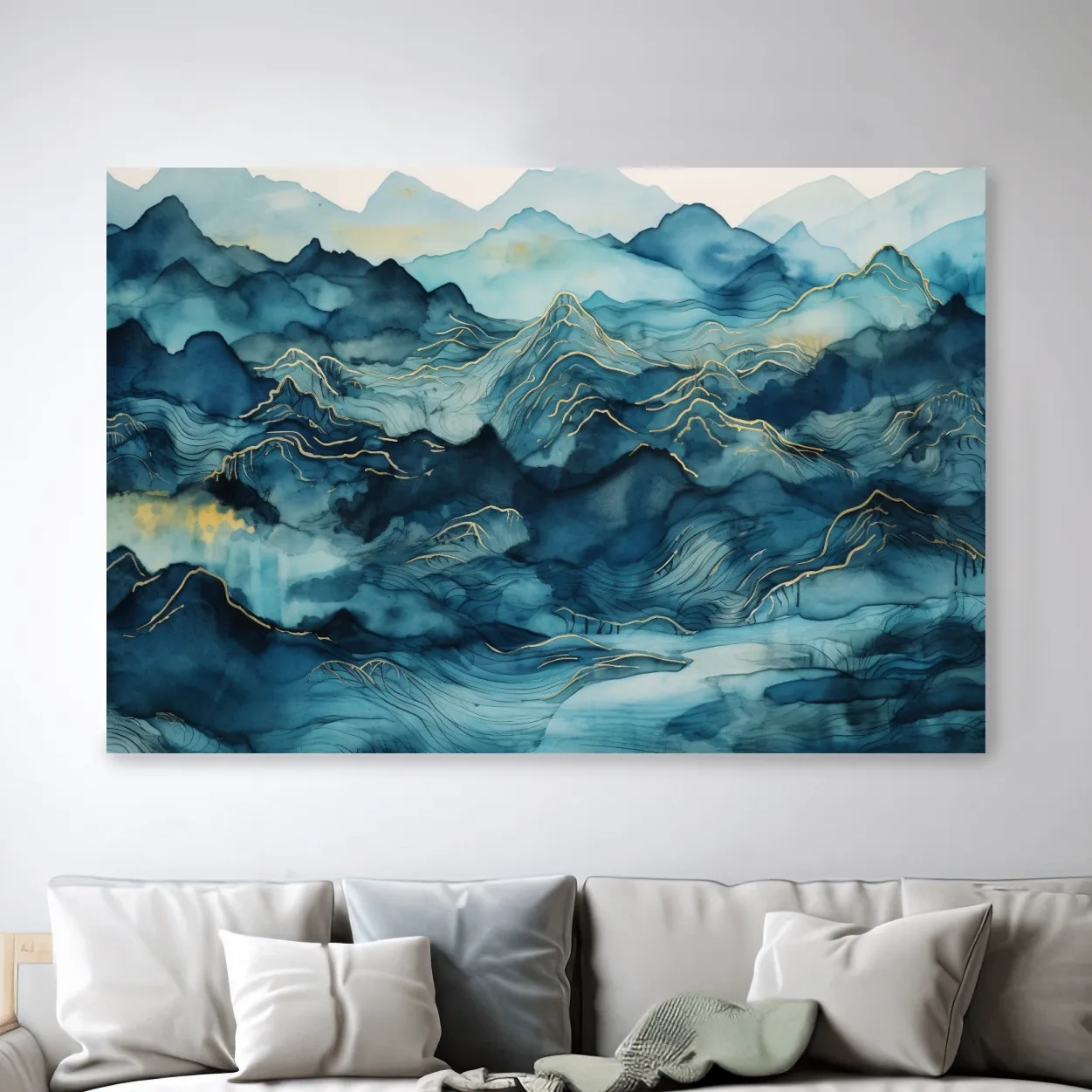 Watercolor Mountain Range With Gold Linework - Abstract Landscape Wall Art