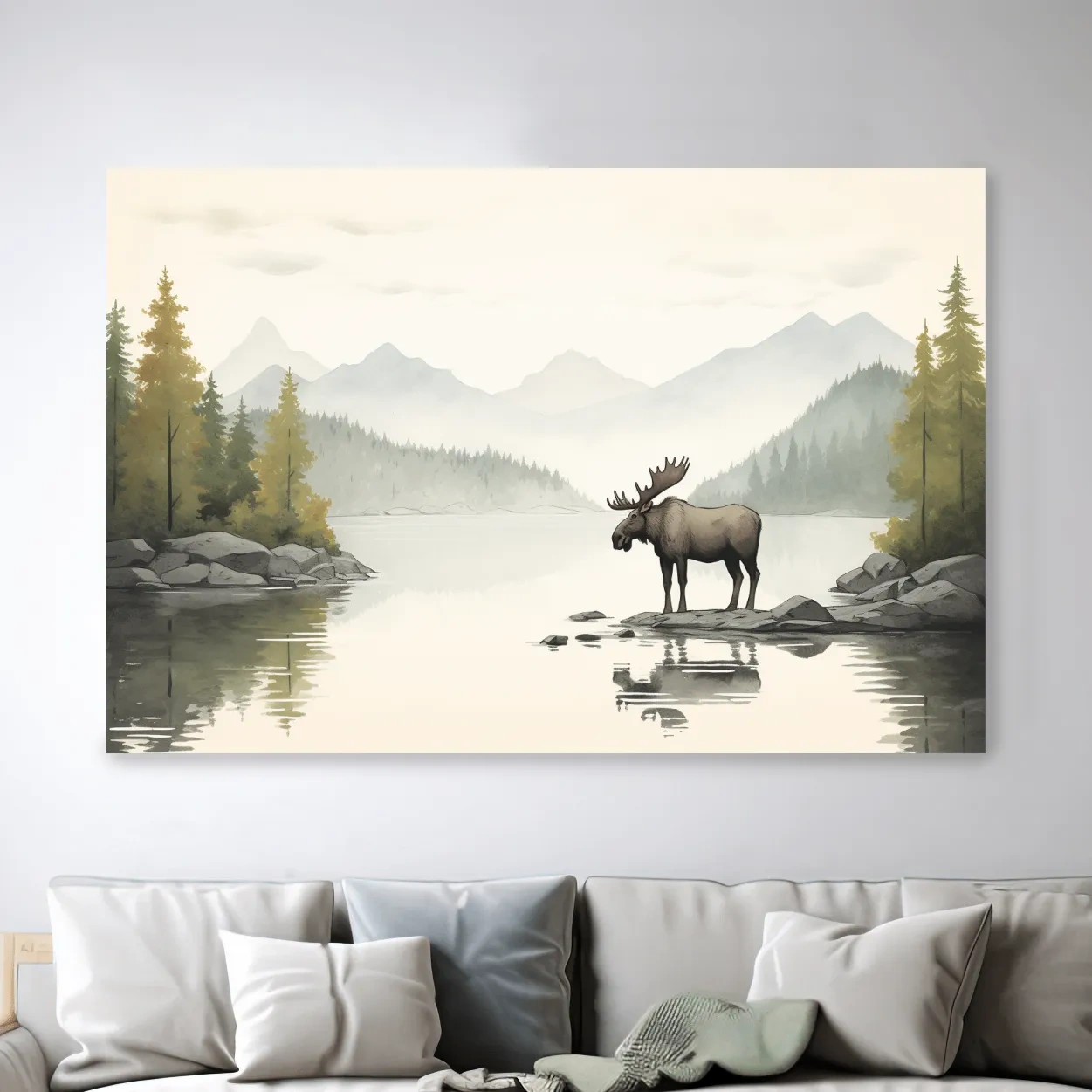 Childrens nursery illustration of a moose by a lake