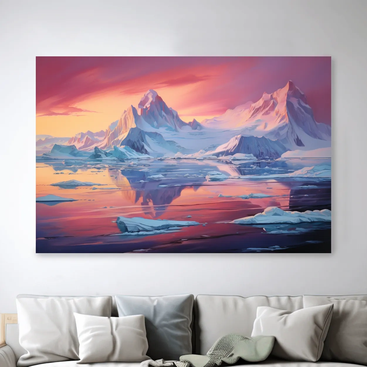 Painting of a sunset over the antarctic glacier