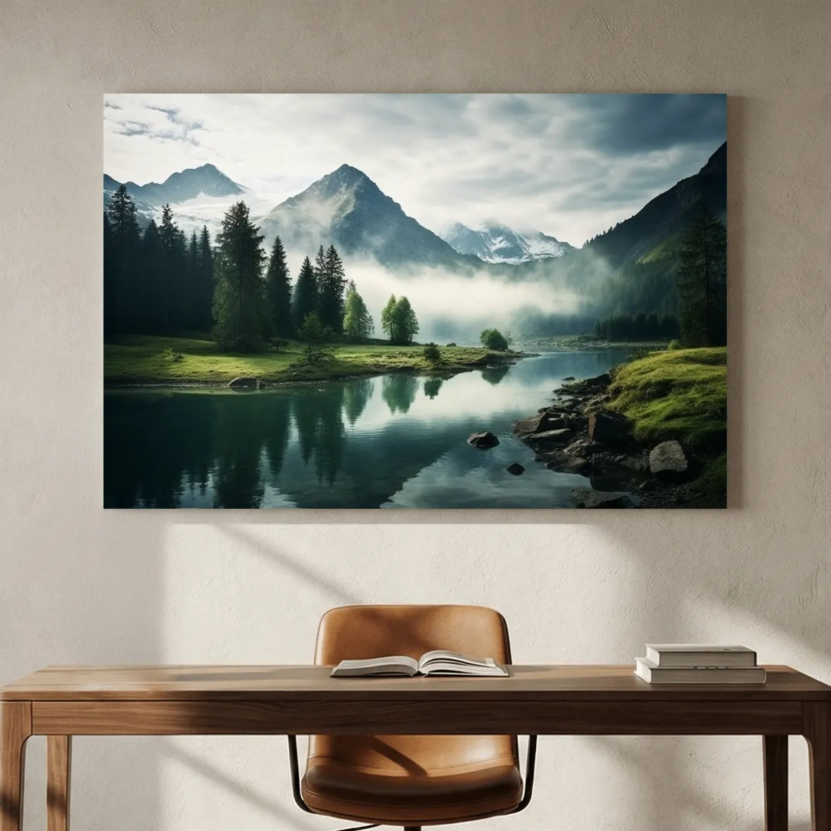Misty Alpine Lake Reflection Landscape - Mountain Forest Photographic Wall Art