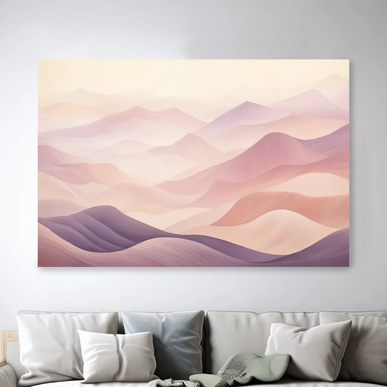 Soft and subtle purple pastel mountains in the fog artwork