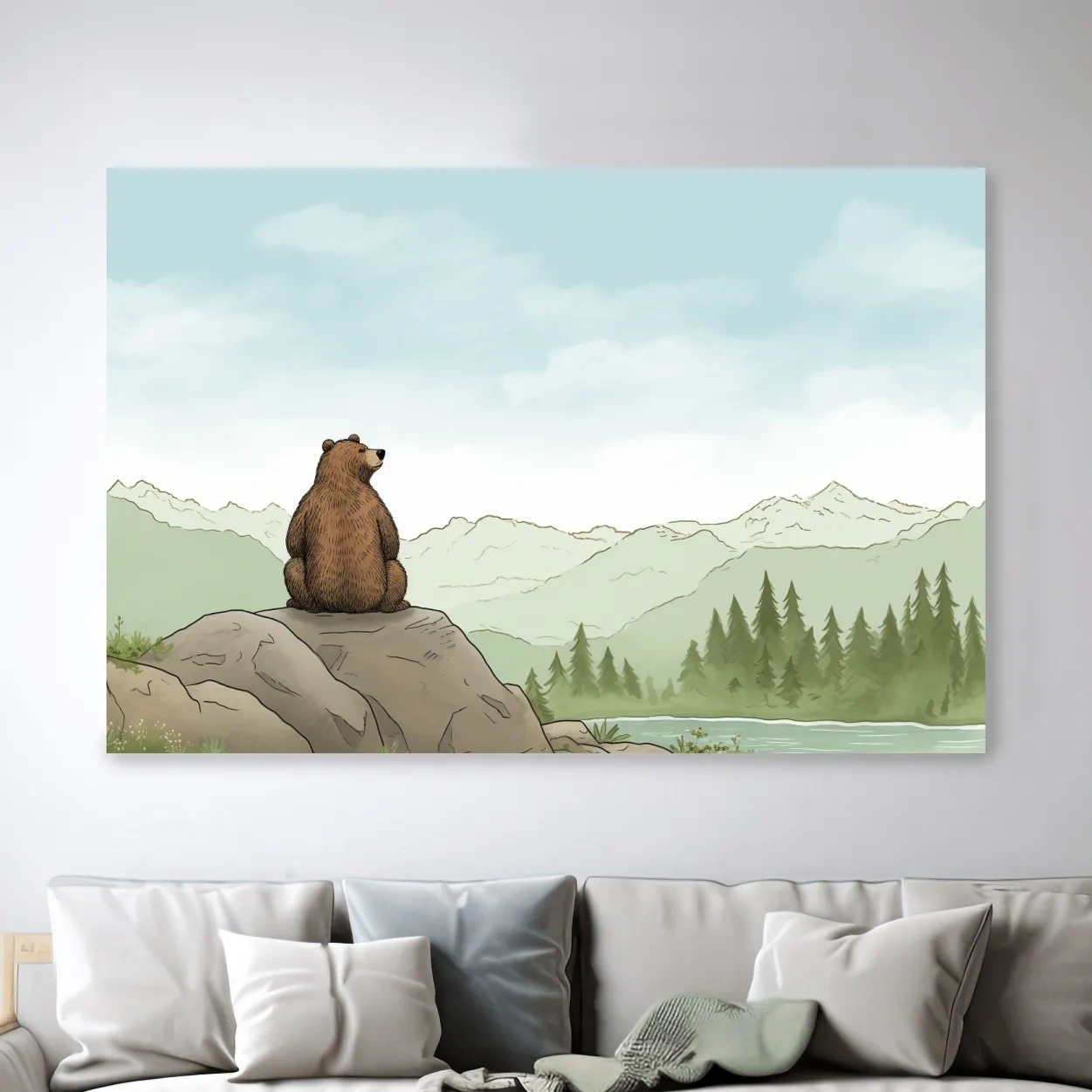 Illustration of a bear chilling on a rock, nursery artwork