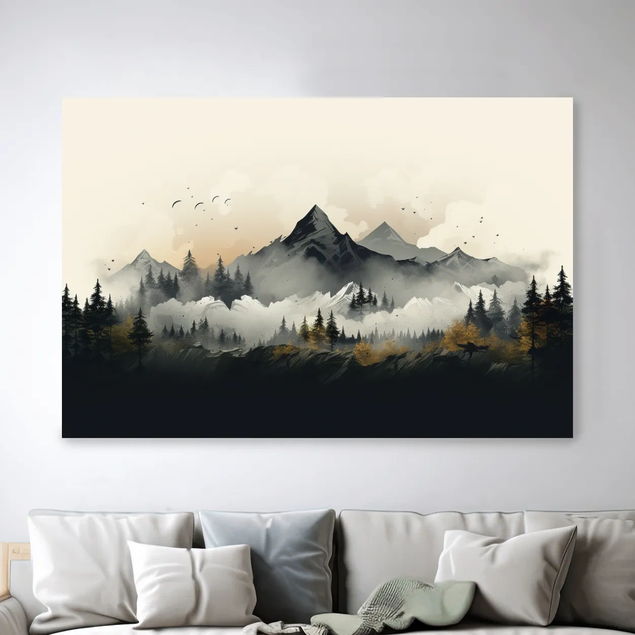 Misty Mountain Range With Pine Forest Illustration - Moody Landscape Wall Art