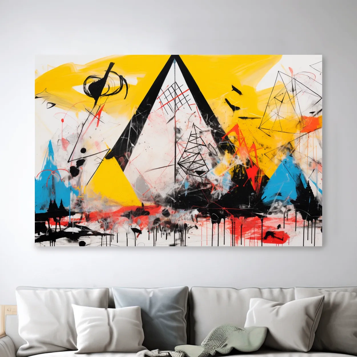 Abstract energetic graffiti style geometric mountain painting
