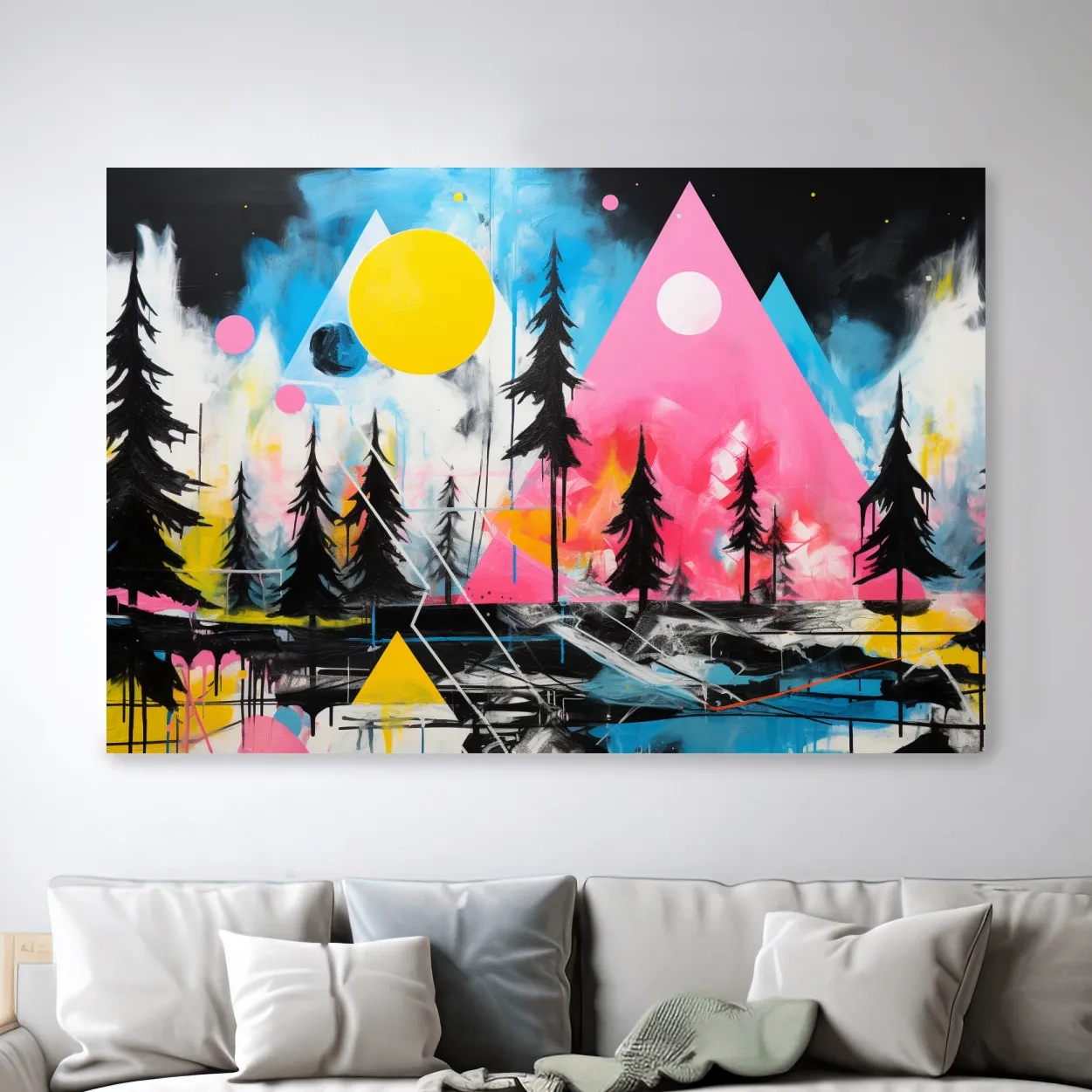 Abstract acrylic painting, mountain shapes and trees