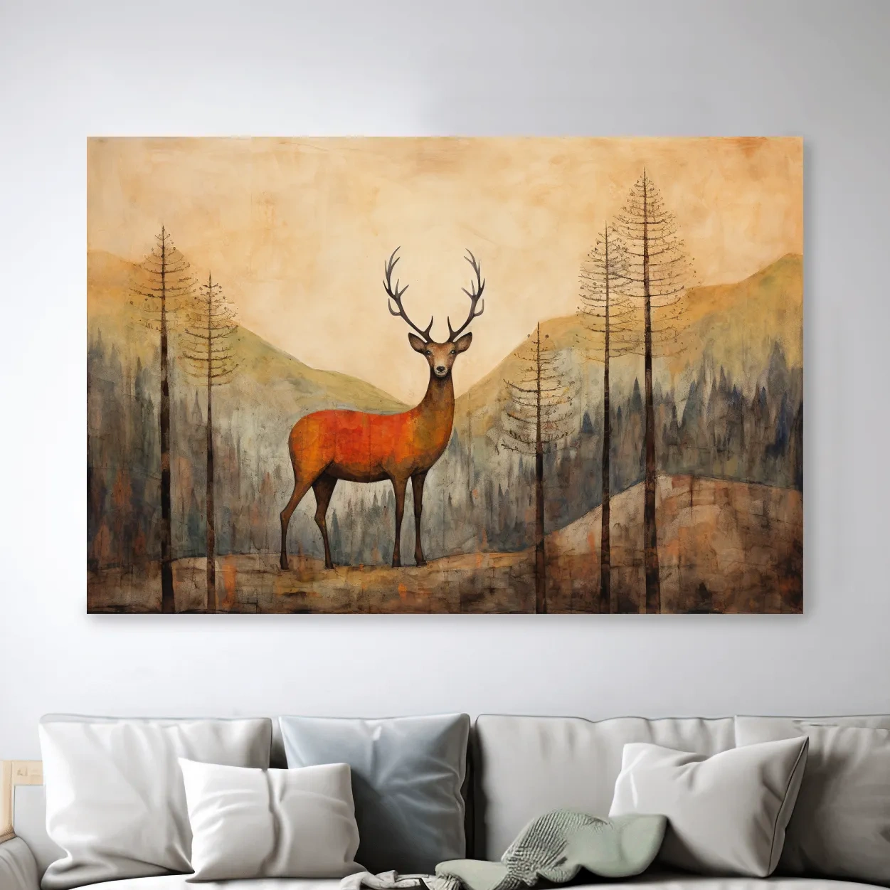 Textured watercolour painting of a deer in the forest