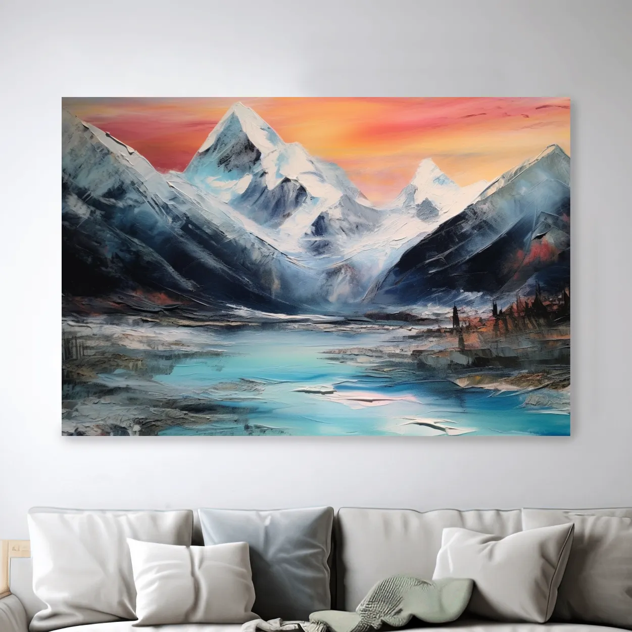 Bold oil painting of a glacier at sunset