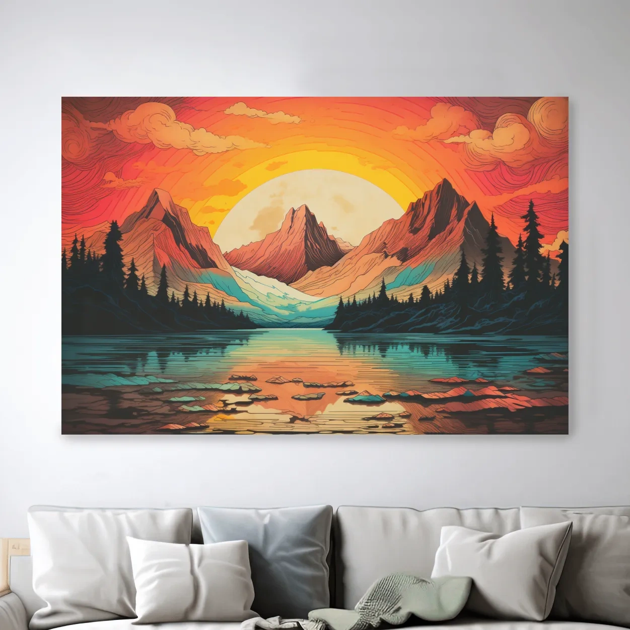 Vibrant Retro Alpine Lake Sunset - Stylized Mountain Wall Art