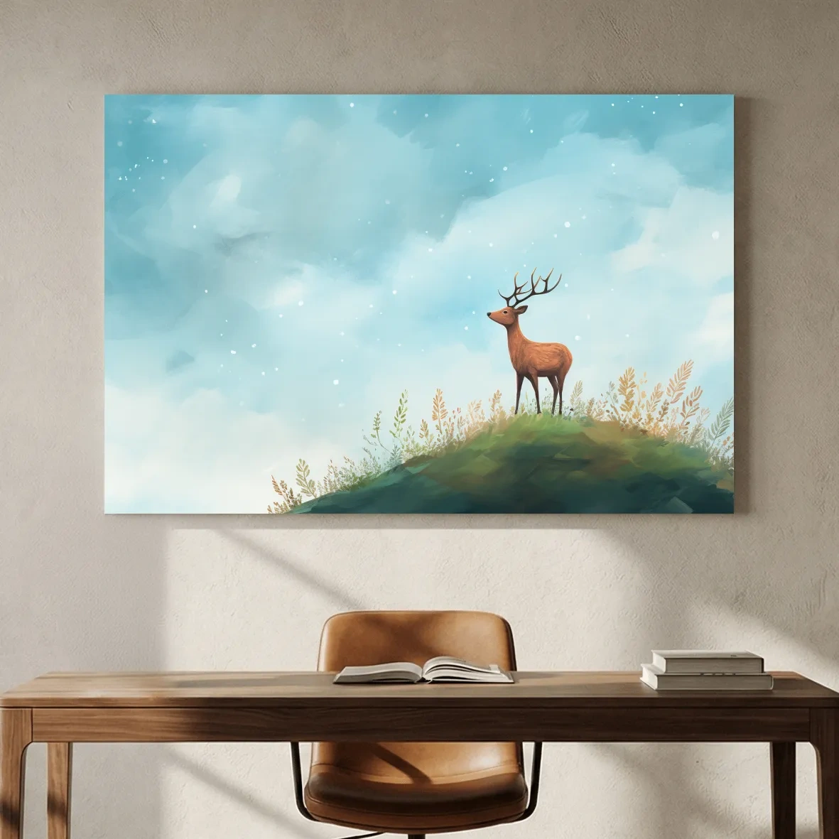 Whimsical Watercolor Stag On Meadow Hill - Nursery Woodland Wildlife Wall Art