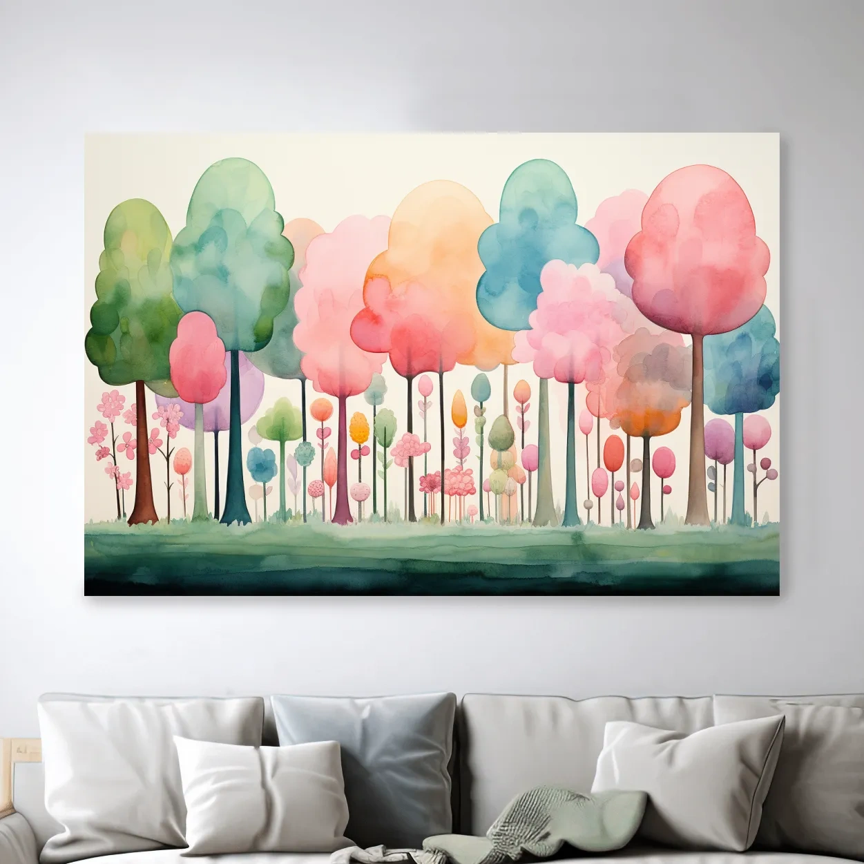 Watercolour painting of a dreamy colourful forest