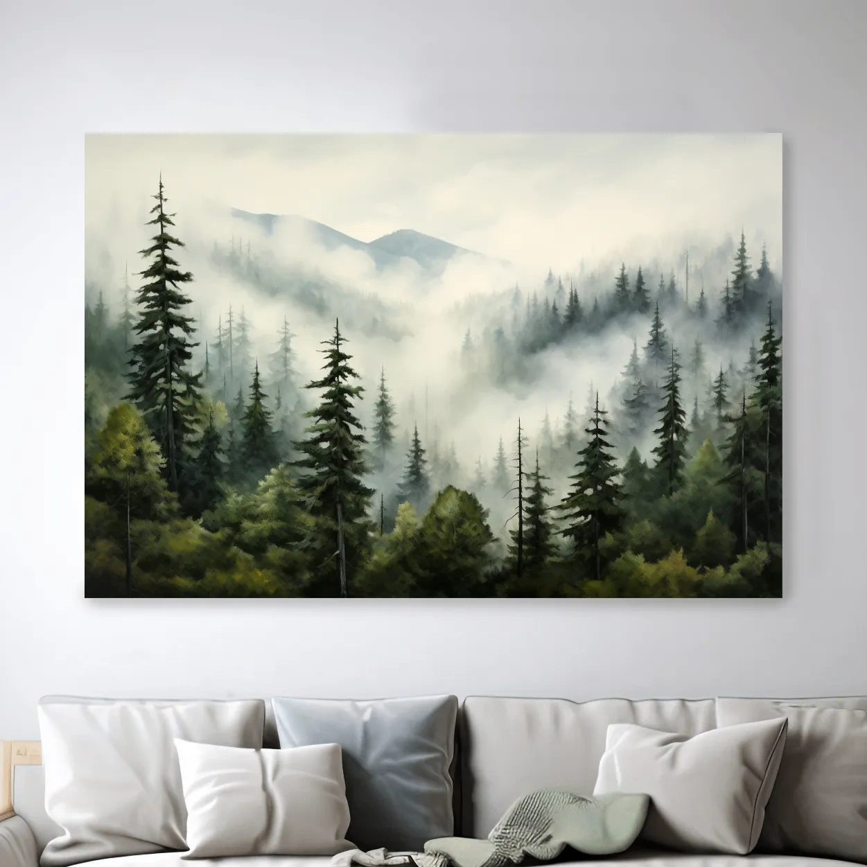 Foggy Alpine Mountain Forest Painting - Moody Watercolor Landscape Wall Art