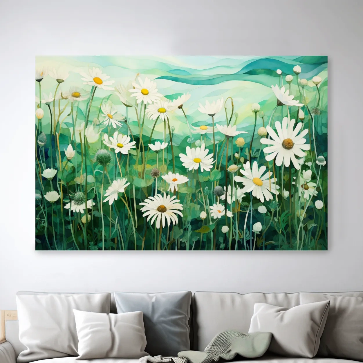 Whimsical Wild Daisy Meadow Landscape - Botanical Watercolor Style Wall Art