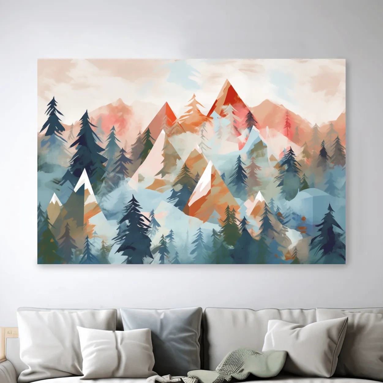 Abstract Watercolor Alpine Mountains And Pine Forest - Modern Geometric Landscape Wall Art