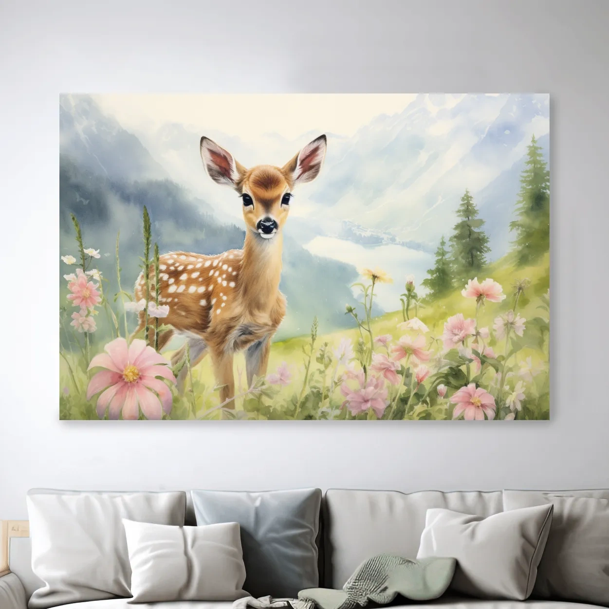 Painting of a deer fawn in the alpine meadows