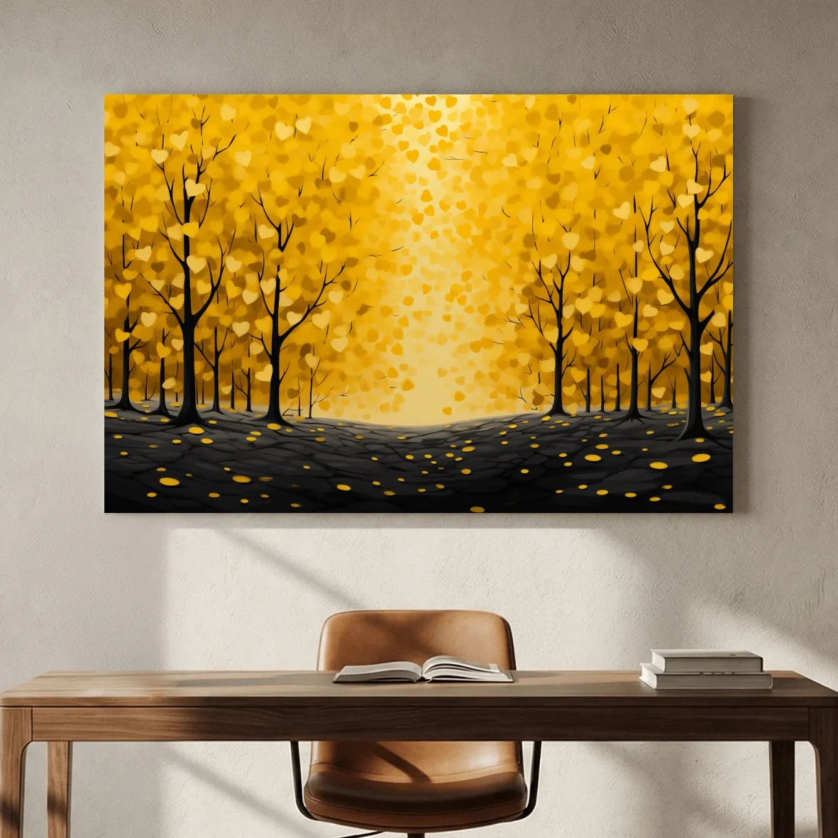 Golden Autumn Forest Canopy Painting - Warm Love Heart Wall Art