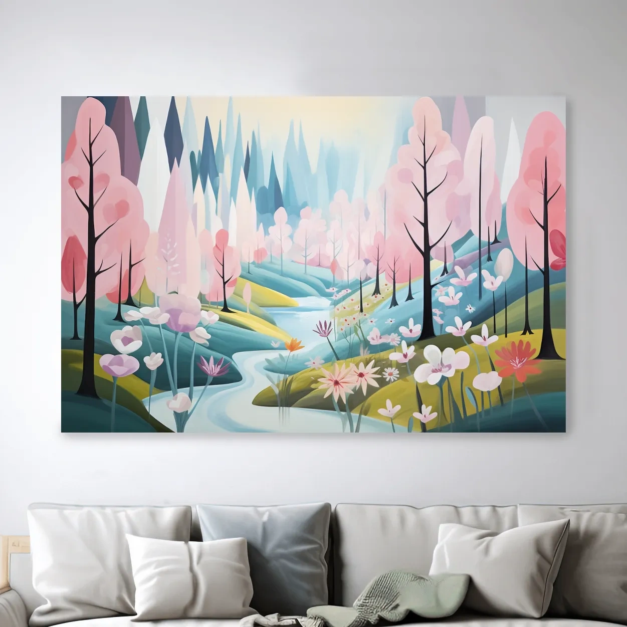 Dreamy painting of a pink blossom forest
