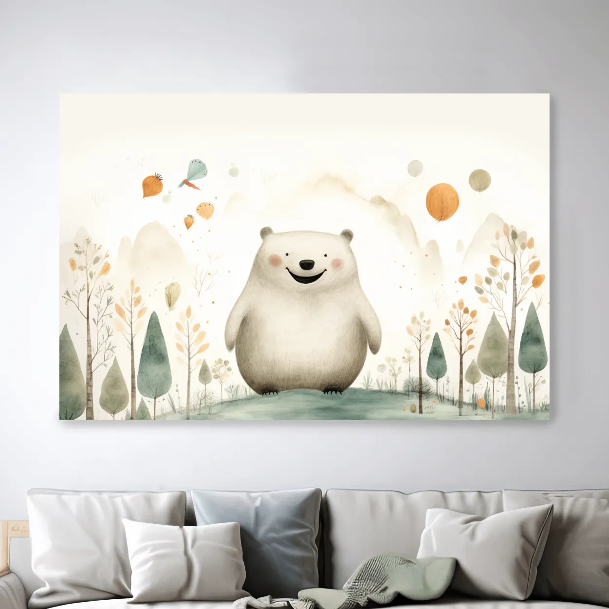 Storybook nursery art, happy bear in the forest