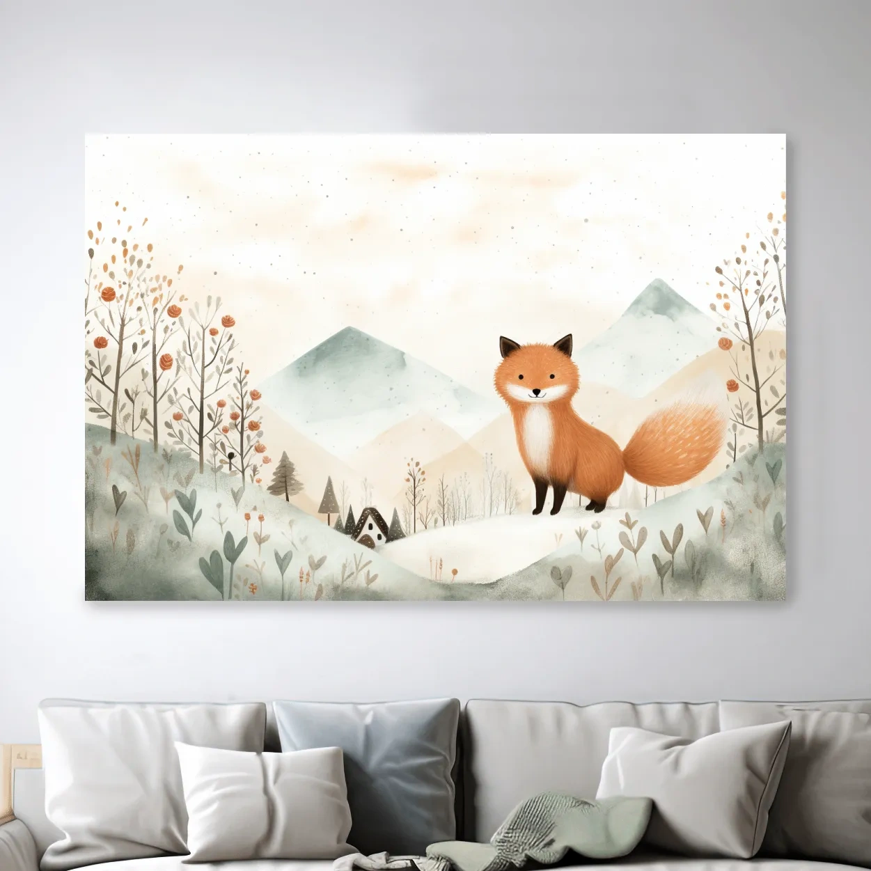 Cute happy fox in the mountains, childrens storybook illustration artwork