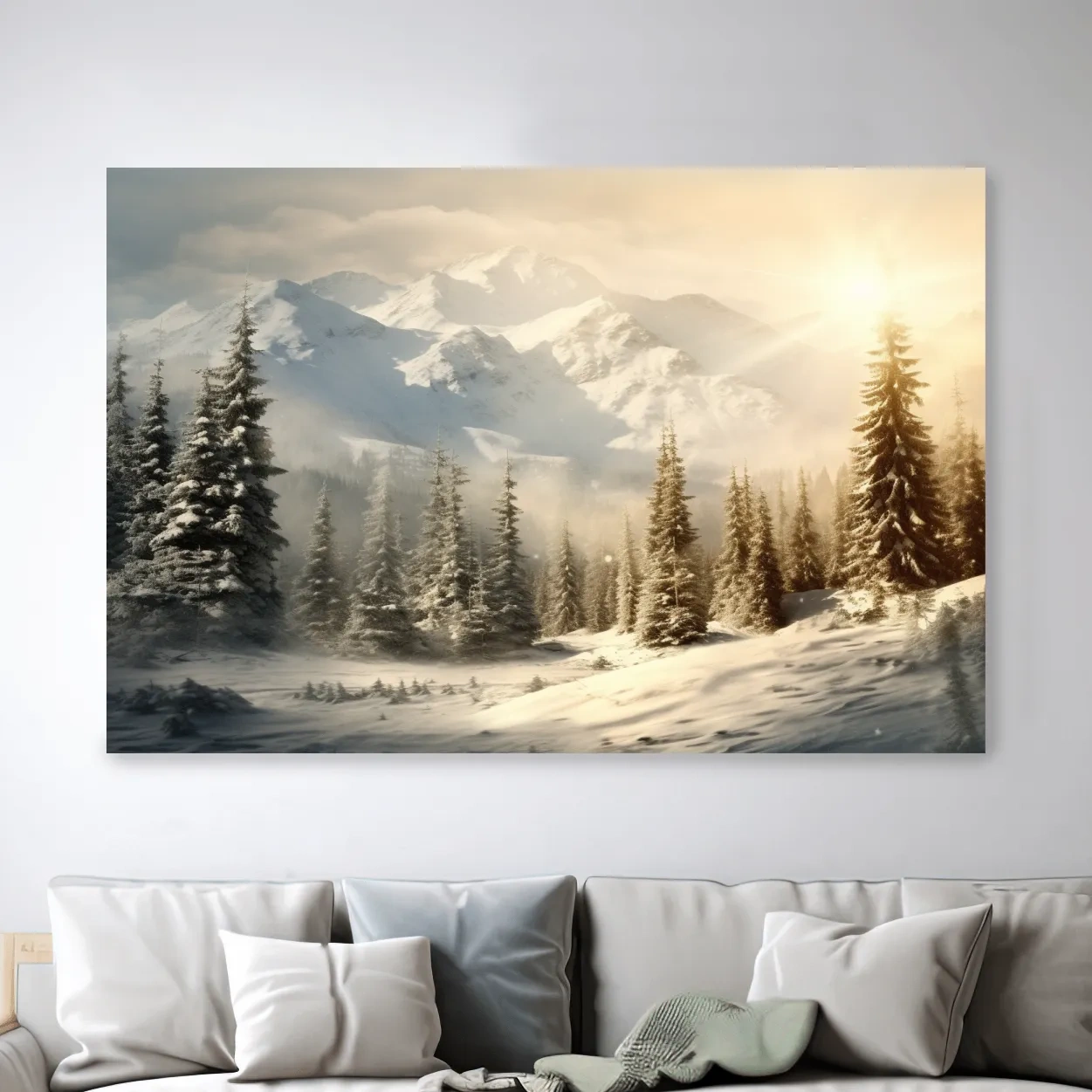 Snow covered mountains at sunrise, realistic painting