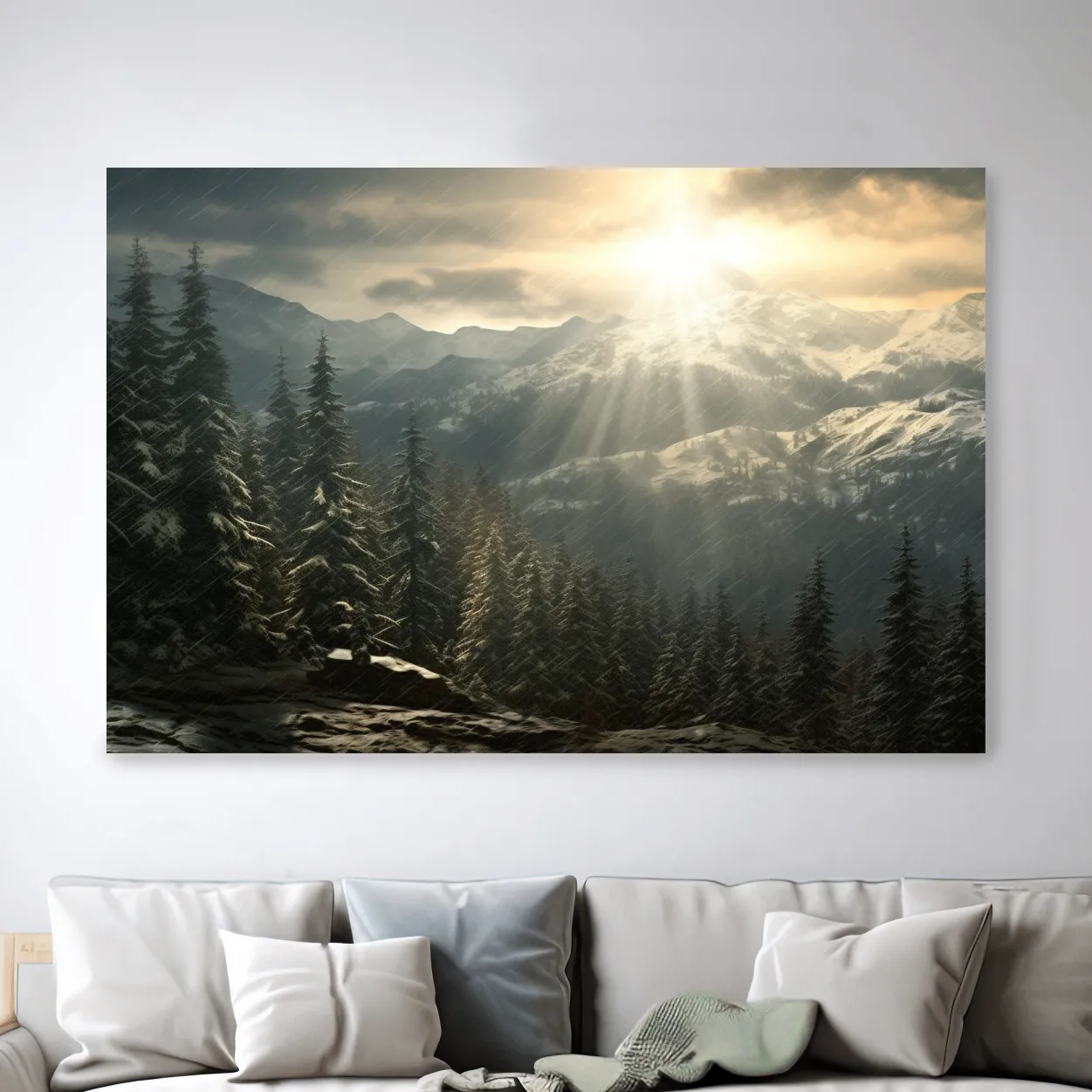 Sunset snowstorm, realistic snow mountain painting