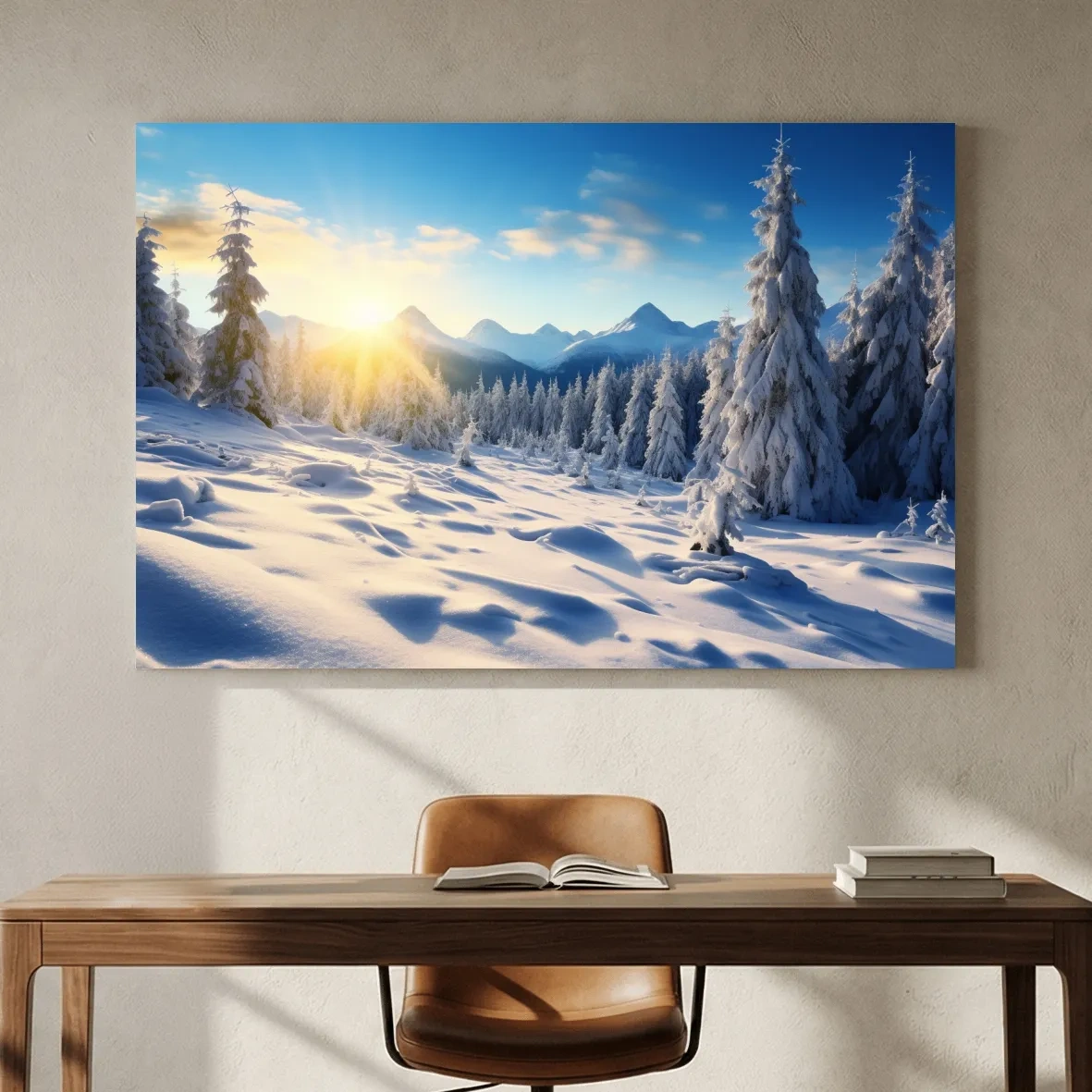 Snowy Sunrise Alpine Forest Landscape - Serene Photographic Nature Wall Art