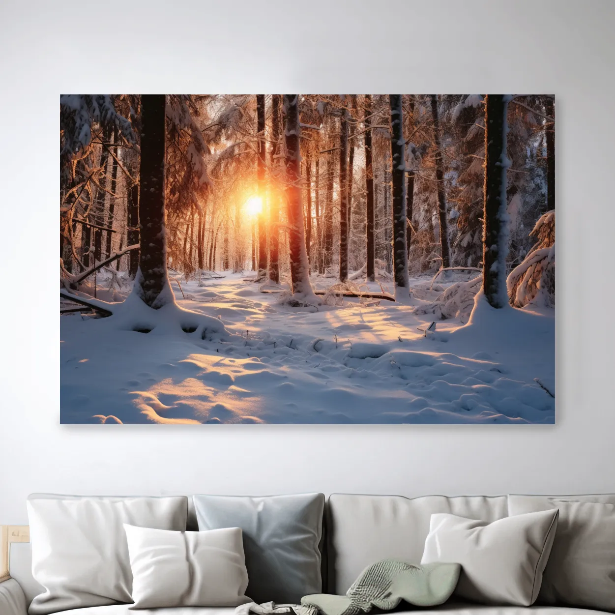 Golden Winter Sunrise Snowy Forest - Serene Nature Landscape Wall Art