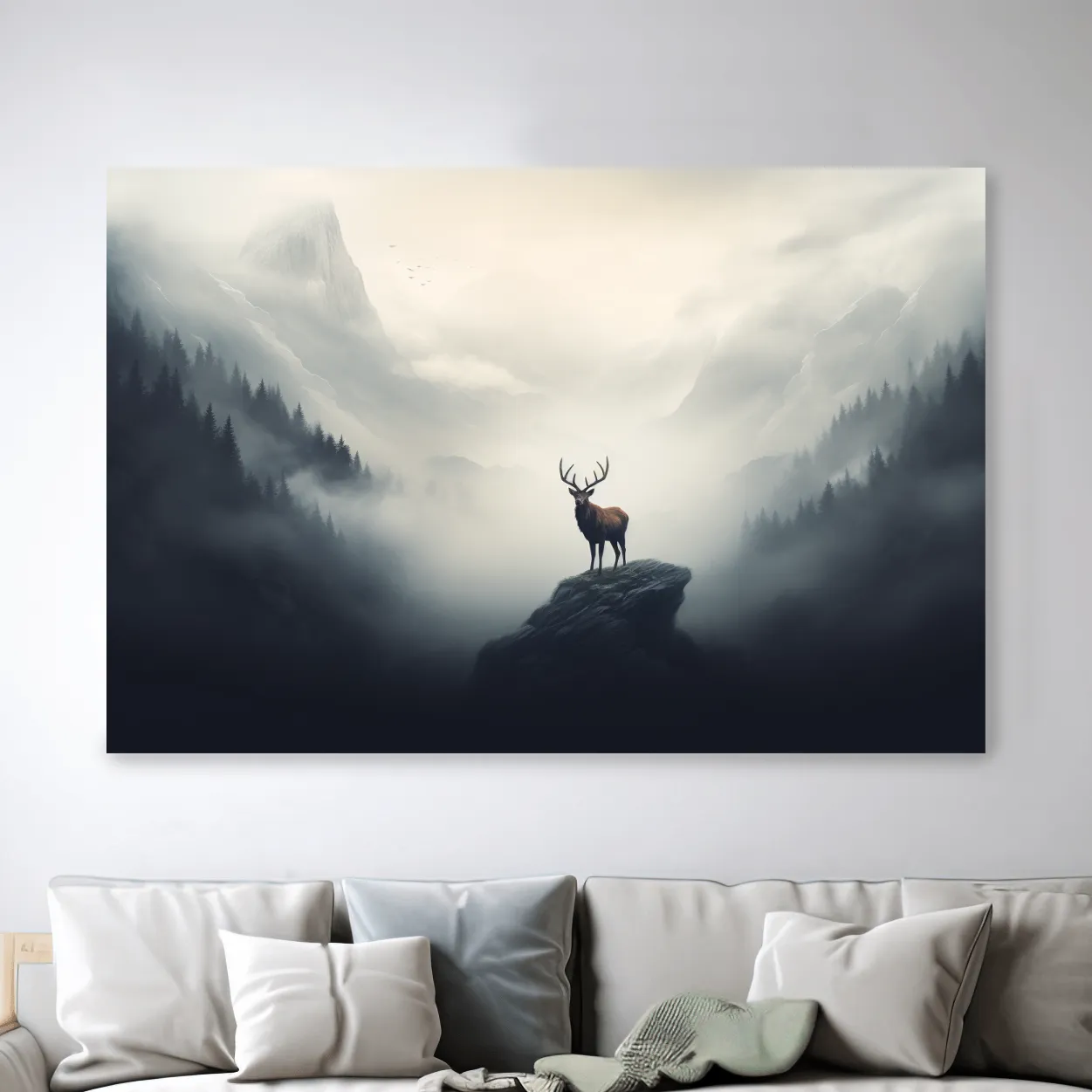 Painting of a majestic deer standing in the fog
