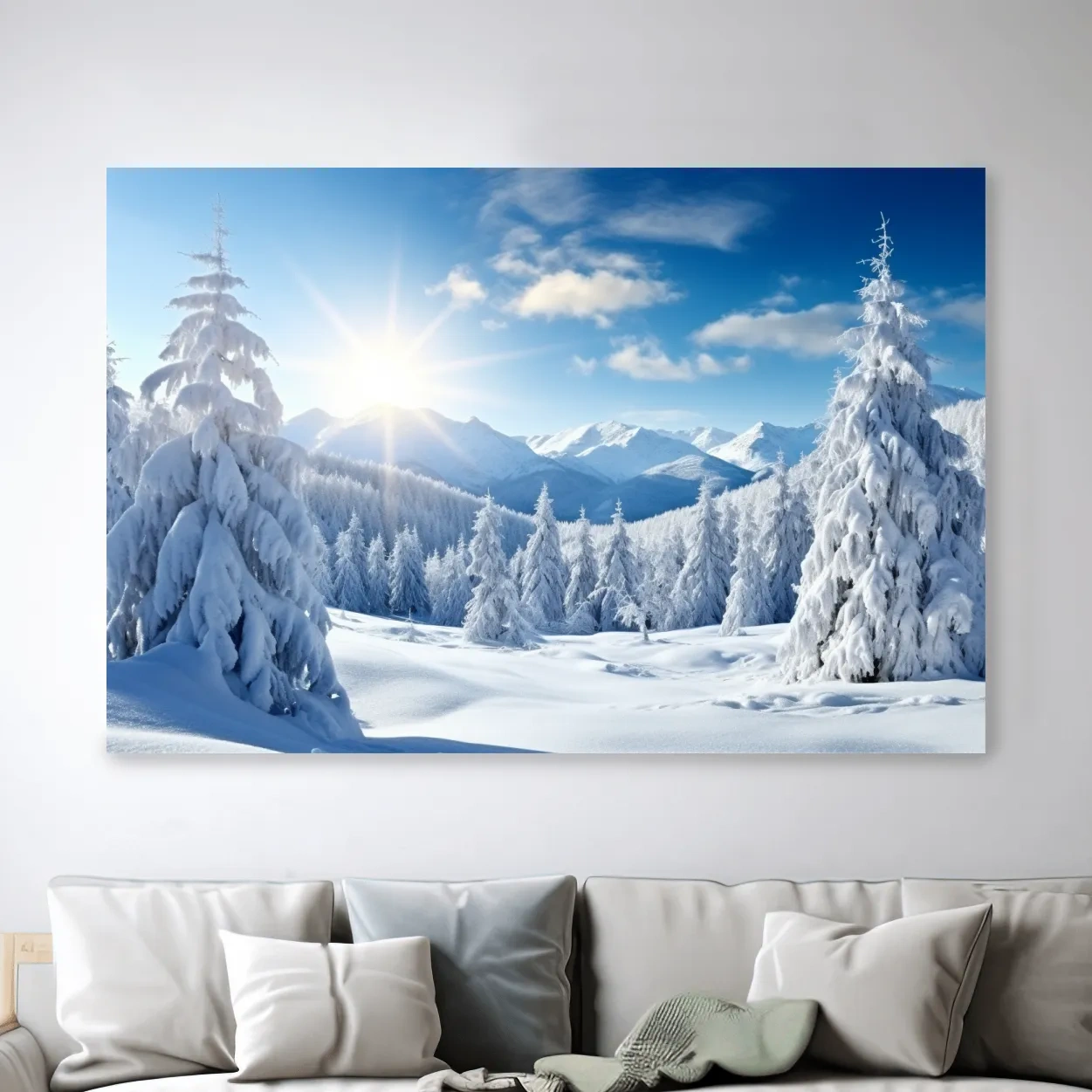 Photograph of a snow covered forest and a clear blue sunny sky