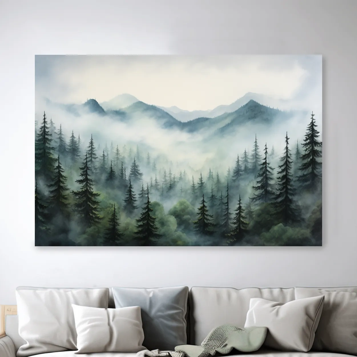 Painting of fog rolling through the trees and mountains