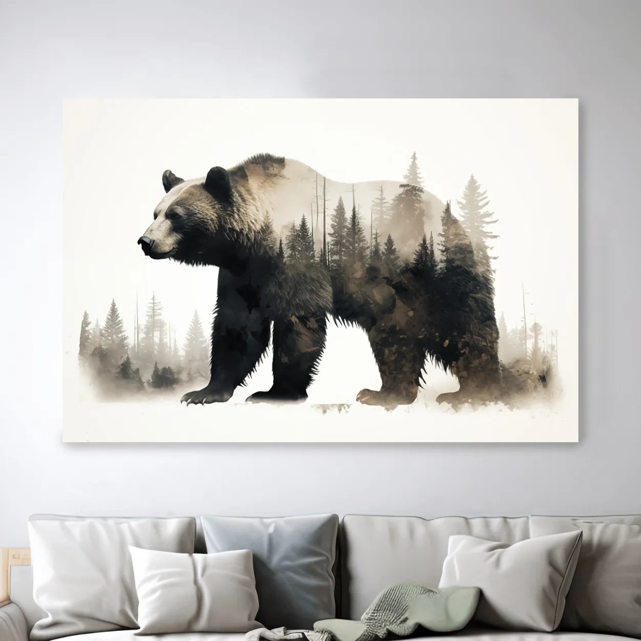 Double exposure artwork, a grizzly bear and a forest