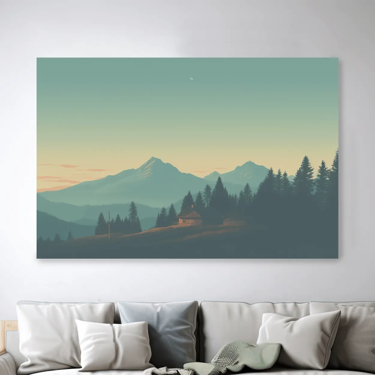Mountain cabin in the hazy dusk, postcard style art