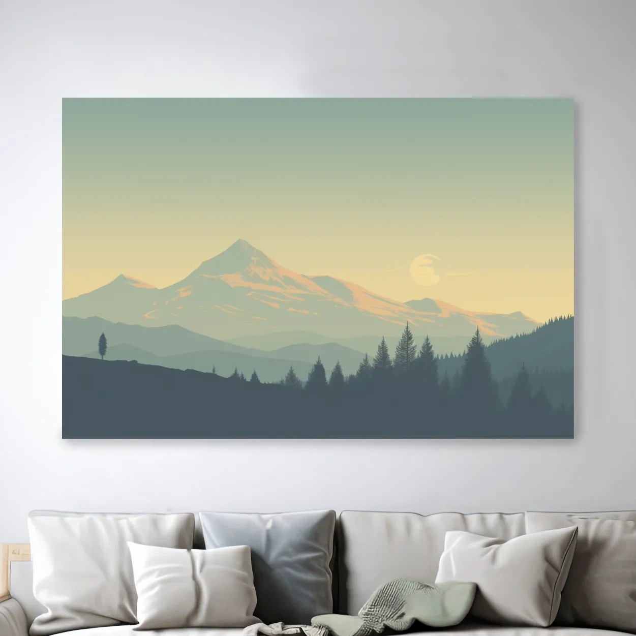 Dusk over the glacier, hazy forest silhouette vector illustration