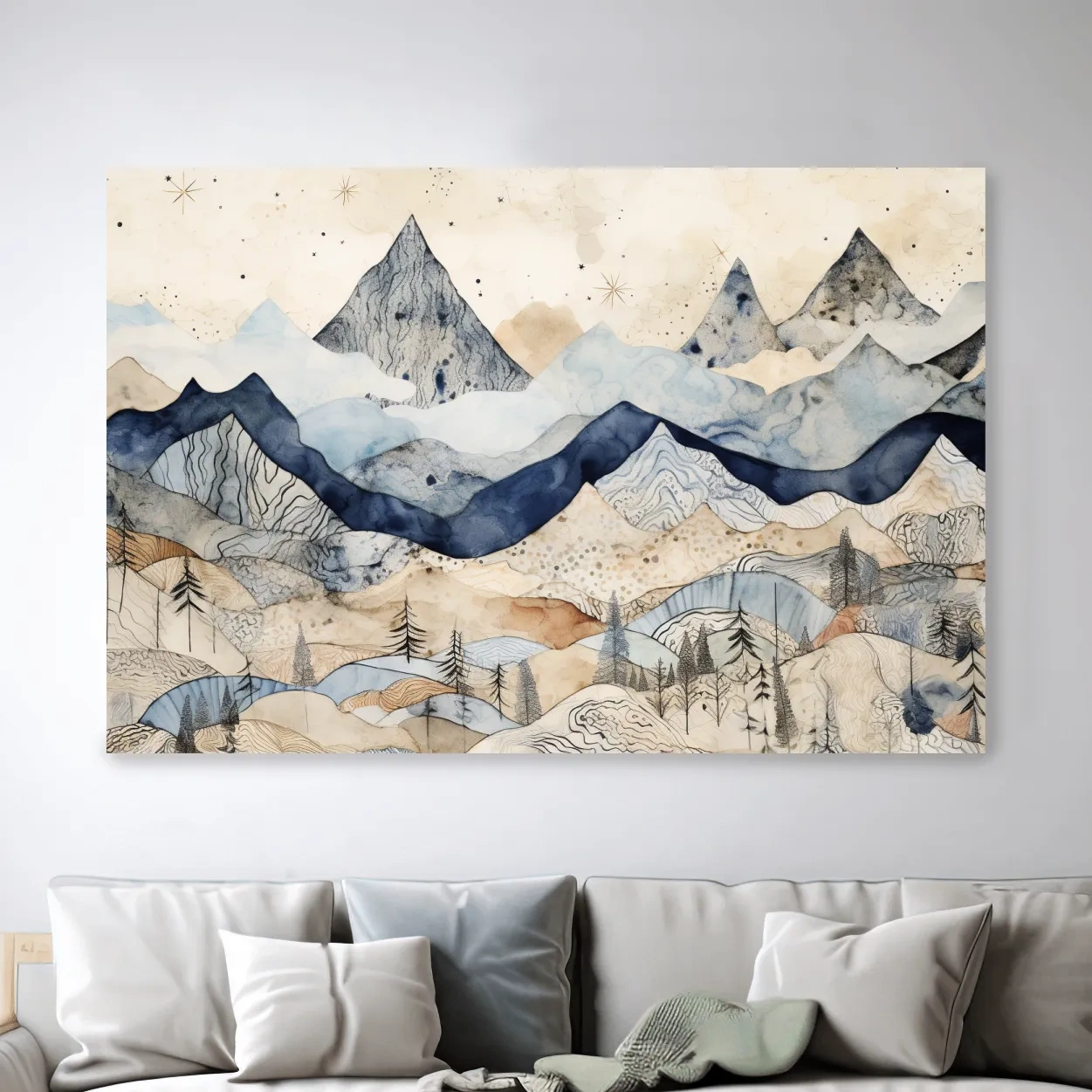 Surreal alpine mountain landscape art, patchwork style artwork