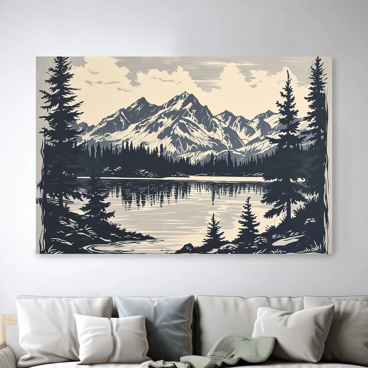 Alpine lake artwork, linocut style art