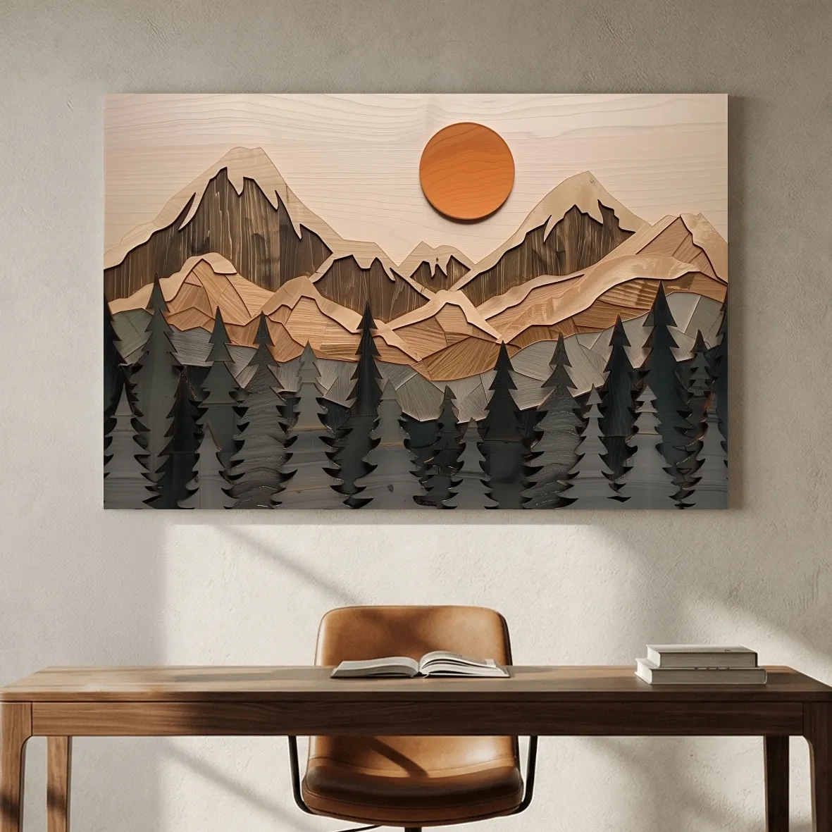 Rustic Geometric Wood Grain Mountain Sunrise - Pine Forest Landscape Wall Art