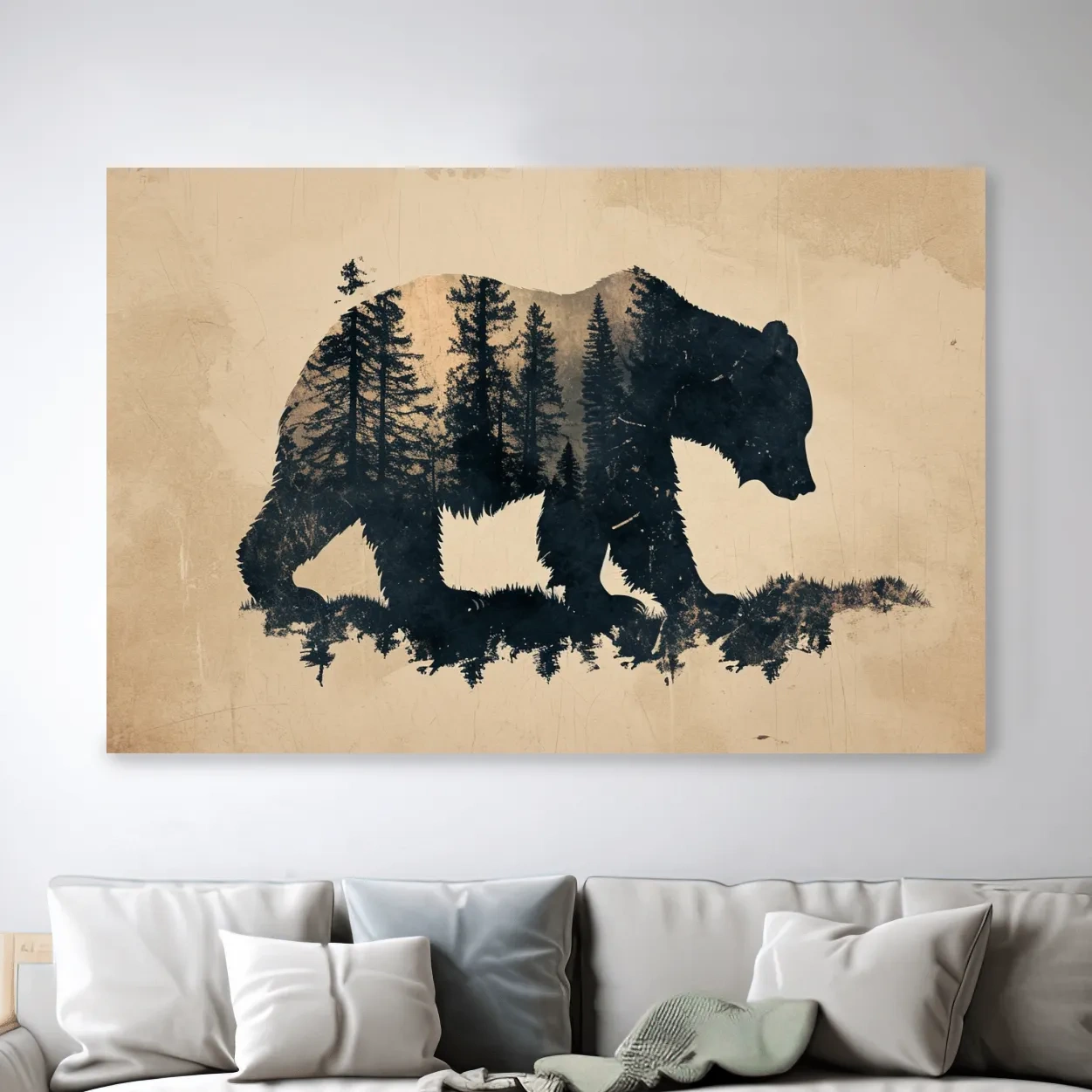 Vintage grizzly bear illustration artwork, double exposure sepia style